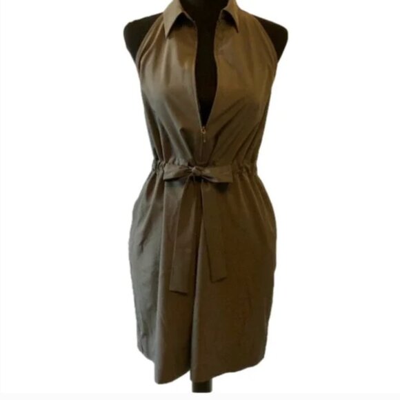 Prologue Sleeveless Dress Pockets Size XL Brown Collard Zip Up Drawstring Waist - Picture 1 of 12